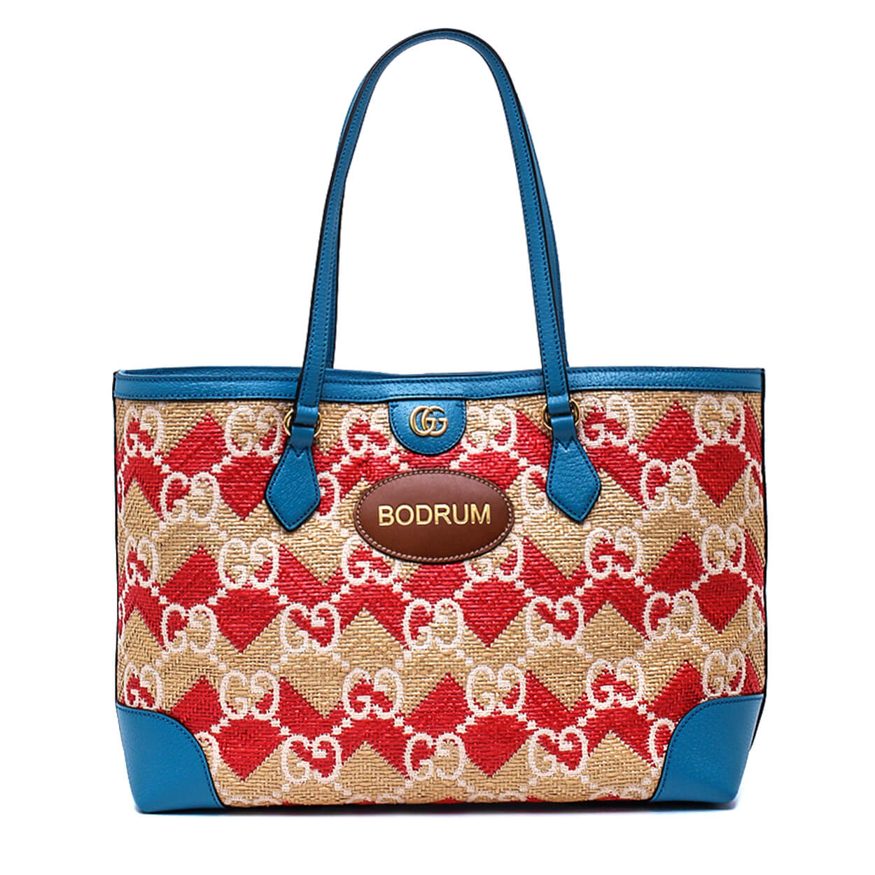 Gucci -Blue Jumbo GG ‘Bodrum’ Straw Effect Medium Tote Bag